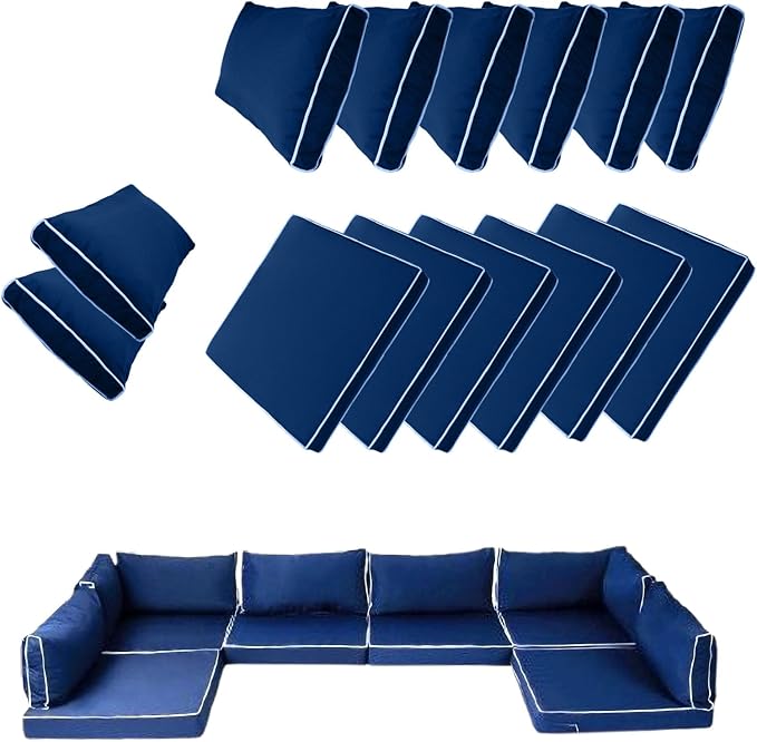 14 Piece Outdoor Patio Cushion Cover Replacement, Waterproof Patio Cushion Covers, Outdoor Furniture Cushion Covers Set for 6 Seat Wicker Rattan Sofa (Blue+White Side)