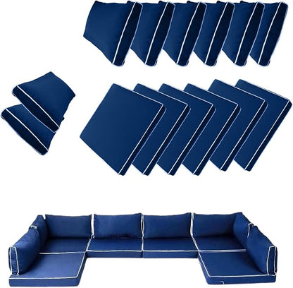 14 Piece Outdoor Patio Cushion Cover Replacement, Waterproof Patio Cushion Covers, Outdoor Furniture Cushion Covers Set for 6 Seat Wicker Rattan Sofa (Blue+White Side)
