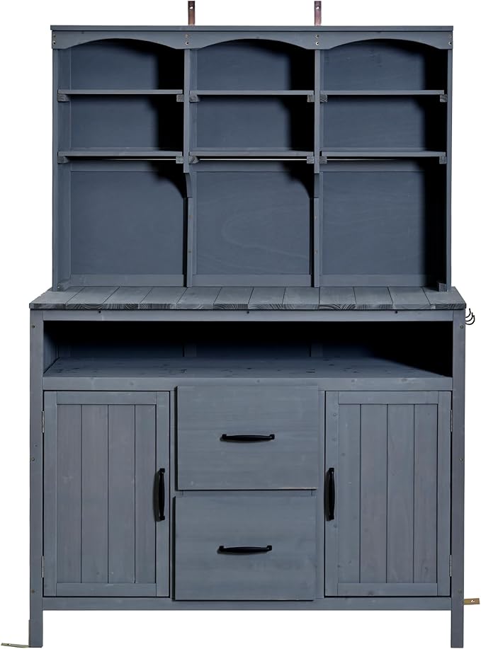 Merax 45.3" Large Outdoor Fir Wood Potting Bench with Storage, Multi-Functional Patio Kitchen Island with 6-Shelf Hutch+2 Cabinets+2 Drawers+3 Hooks, Garden Workstation for Planting, Gardening, Gray