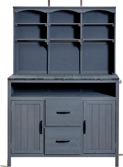 Merax 45.3" Large Outdoor Fir Wood Potting Bench with Storage, Multi-Functional Patio Kitchen Island with 6-Shelf Hutch+2 Cabinets+2 Drawers+3 Hooks, Garden Workstation for Planting, Gardening, Gray