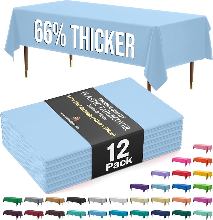 Exquisite 66% Thicker Premium Plastic Table Cloth Rectangle Table Cover 0.5 Mil 12 Pack Light Blue Table Cloth 54 Inch x 108 Inch Disposable Tablecloth Won't Tear Easily Like Cheap Thin Brands
