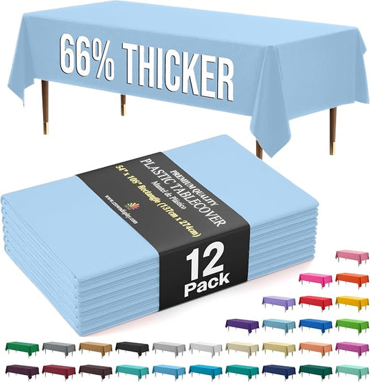 Exquisite 66% Thicker Premium Plastic Table Cloth Rectangle Table Cover 0.5 Mil 12 Pack Light Blue Table Cloth 54 Inch x 108 Inch Disposable Tablecloth Won't Tear Easily Like Cheap Thin Brands