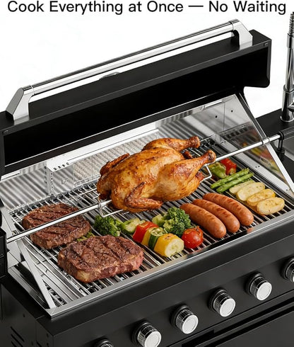 BBQ Outdoor Kitchen Island Grill Barbecue Modular Patio Kitchens Kits with Electric Rotisserie, Sink, fridge, and Burner for More than 15 People