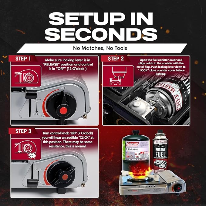 Chef Master Grill Boss Dual Fuel Camping Stove, Butane & Propane, 12000 BTU | Single Burner Gas Cooker, Propane Adapter Included, Works Below Freezing, Double Wind Guard, Piezo Ignition, Hiking, 90057