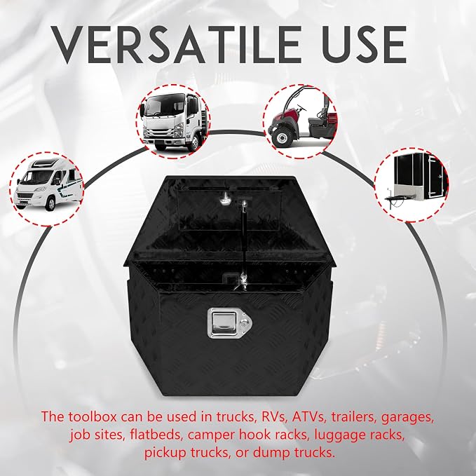 27" x 13" x 13" Trailer Tongue Tool Box with Latch and Keys Heavy Duty Aluminum Trailer Toolbox Organizer Truck Underbody Box Compatible with Pick Up Truck Bed RV Trailer ATV Black