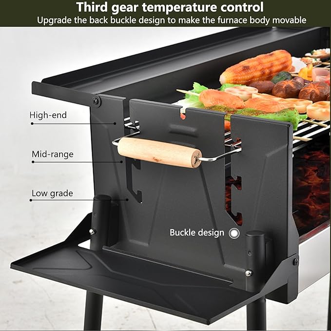 Large Charcoal Grill Foldable Barbecue Grills with Storage Shelf & Adjustable Air Vents 40.55" x 17.32" x 32.68" BBQ Grill for Parties, Beach, Camping & Picnics Black