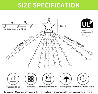 Christmas Decorations Star String Lights, 320 LED Waterfall Tree Lights with 13" Topper Star 8 Lighting Modes Indoor Outdoor Decorative for New Year, Holiday, Wedding, Party