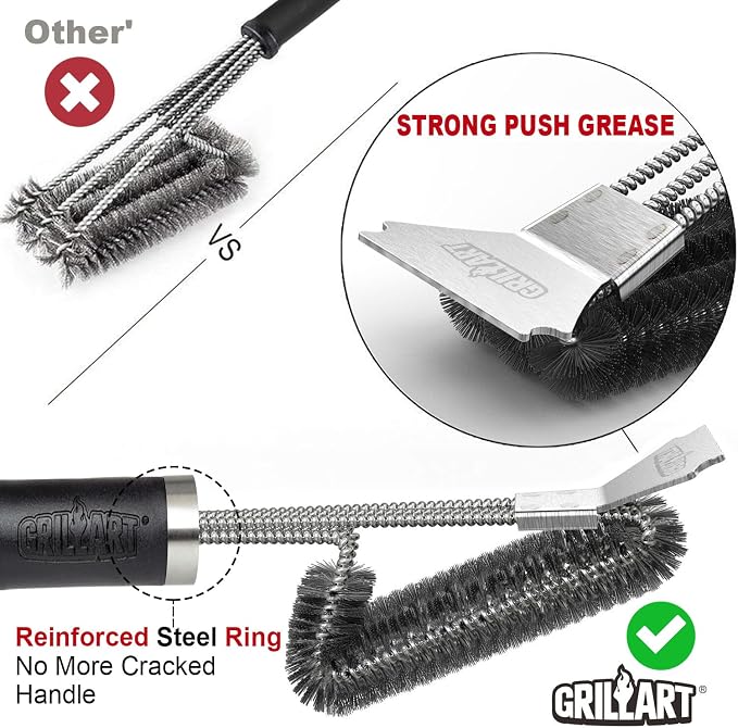 GRILLART Grill Brush and Scraper BBQ Brush for Grill, Safe 18" Stainless Steel Woven Wire 3 in 1 Bristles Grill Cleaning Brush, BR-4516 (Pack of 2)