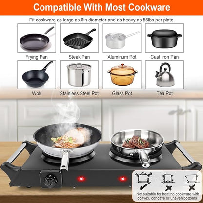 Double Burner Electric Hot Plate, 2000W 2 Burner Electric Cooktop, Portable Countertop Stove with 5-Level Temperature Control and Stay-Cool Handles, for RV, Home, and Camping