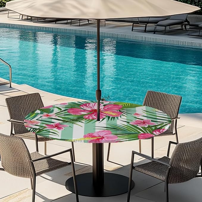 AUUXVA Round Outdoor Tablecloth with Umbrella Hole - Waterproof Patio Table Cover with Zipper Elastic Table Cloth Fits 36"-44" Tables for Party Cafe Garden Decor(Palm Leaf Flowers)
