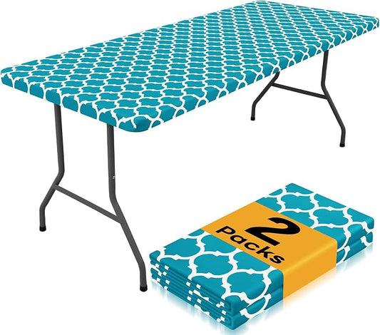 Smiry 2 Pack Rectangle Table Cloth 4 Foot, Waterproof Elastic Fitted Tablecloths, Windproof Washable Polyester Table Cover for Picnic, Camping, Outdoor (Teal, 24"x48")
