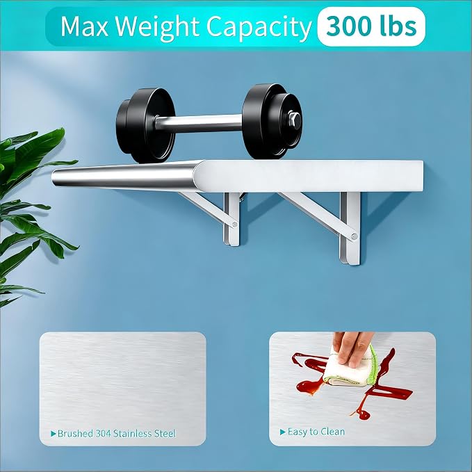Concession Shelf 48"L x 12"W，22 gauge ASTM 304 Stainless Steel Folding Serving Food Shelves ，Wall Mount Shelving , Stainless Steel Shelf For Food Truck, grill area,BBQ working table, Restaurant .NSF