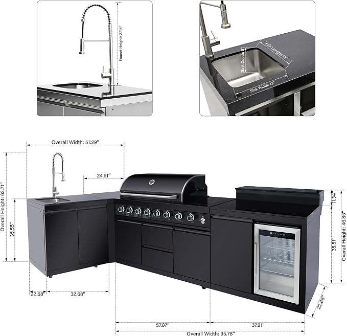 95.8'' Outdoor Kitchen Island, All-In-One 6+1 Burner, 95500 BTU BBQ Grill | Modular Outdoor Kitchen for Backyards, Grill with 304 Stainless Steel, Black Outdoor Kitchens with Sink, Refrigerator