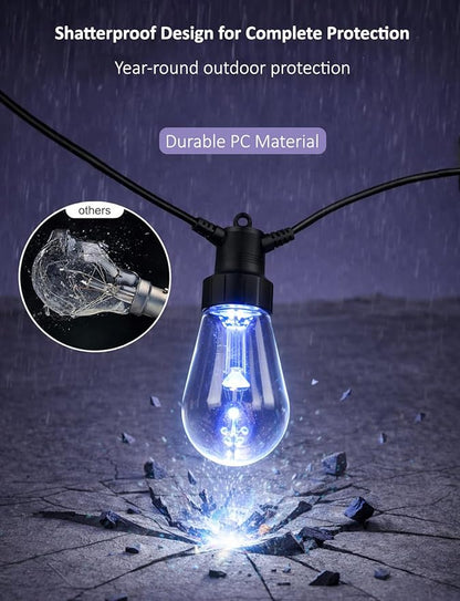 XHT Outdoor String Lights 49FT, Color Changing RGBW Patio String Lights with 15 LED Bulbs, App & Remote Control, IP66 Waterproof Shatterproof Backyard Lights
