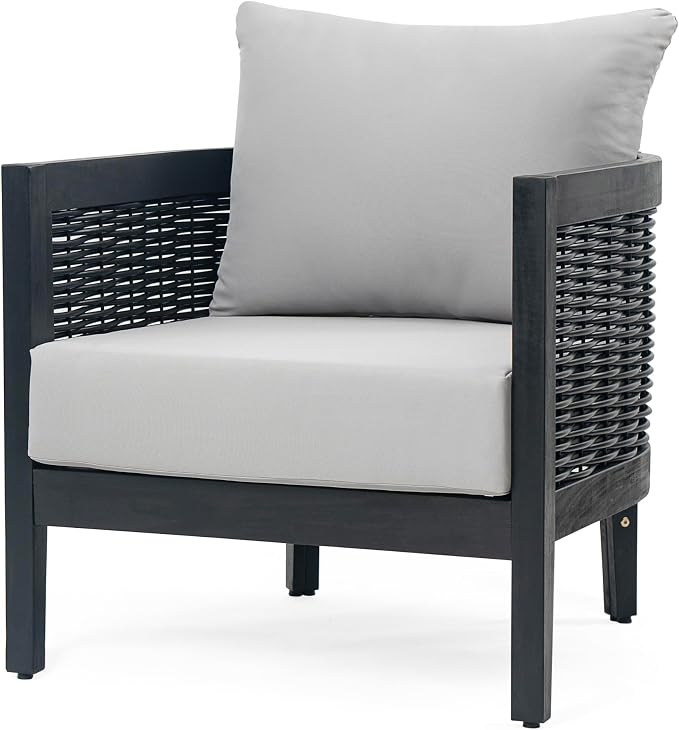 Christopher Knight Home Newine Acacia Wood Patio Accent Chair, Wooden Lounge Chair Outdoor, Wicker Club Chair with Removable Cushion, Comfy Reading Chair for Backyard/Garden/Balcony, Black+Light Grey