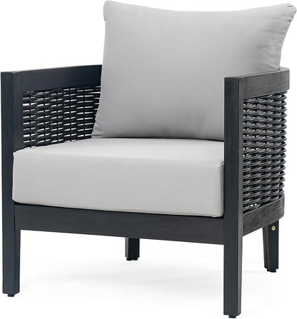 Christopher Knight Home Newine Acacia Wood Patio Accent Chair, Wooden Lounge Chair Outdoor, Wicker Club Chair with Removable Cushion, Comfy Reading Chair for Backyard/Garden/Balcony, Black+Light Grey