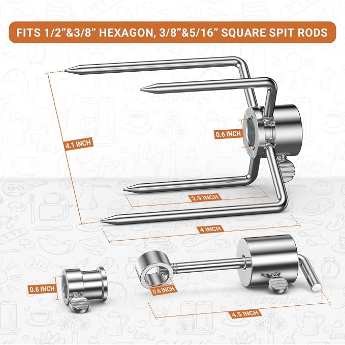 Onlyfire 6006 Grill Replacement Rotisserie Meat Forks(1-Pair) Kit with Spit Counter Balance and Bushing - Fits 1/2" Hexagon & 3/8" and 5/16" Square Spit Rods