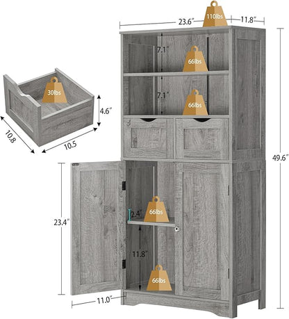 Iwell Storage Cabinet with 2 Drawers & Adjustable Shelf, Tall Bathroom Cabinet with Doors, Cupboard, Kitchen Cabinets for Living Room, Dining Room, Entryway, Grey
