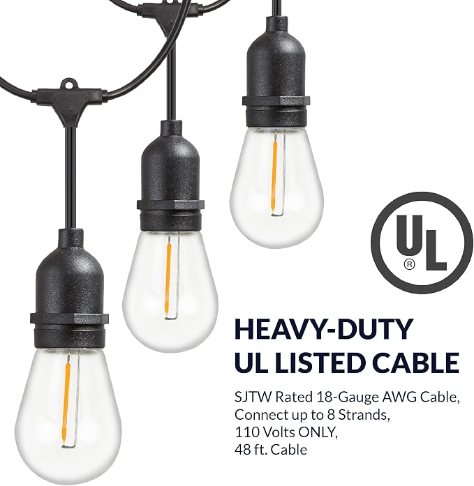 Newhouse Lighting LED String Lights with Weatherproof Technology, Dimmable with Wireless Remote Control, 48ft and 16 (15+1 Free) LED Light Bulbs Included, Black (CSTRINGLEDDIM)