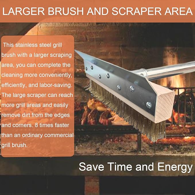 Pizza Oven Brush with Scraper, 57-Inch Long Handle | Aluminum head, stainless steel scraper, 4-section detachable handle for pizza ovens, grill grates, and oven racks.