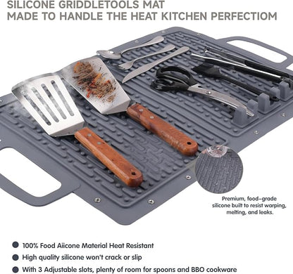 LIONROGE Large Silicone Grill Mat, Foldable Silicone Griddle Tools Spatula Mat with Drip Pad & Handle & Snap Buttons, Portable BBQ Side Shelf Mats Grill Pad for Blackstone Griddles Accessories,Gray