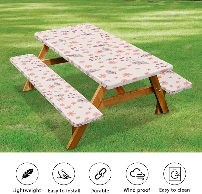 Picnic Table Cover for Outdoor BBQ Camping Floral Leave Elastic Picnic Table Cover with Bench Covers for Camping Party Supplies