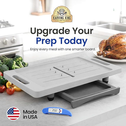 Large Cutting Board - XL Deluxe Meal Prep System with Meat Thermometer, Juice Groove, Spikes, Drip Tray & Removable BPA Free Cutting Board - Patented Multi-Feature Design Carving Board - Kitchen Gifts