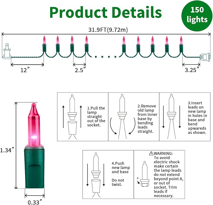Pink Valentine's Lights，Valentine's Day Decoration 150 Count 31.9ft UL Certified Mini Bulb String Light for Outdoor Christmas Garland Tree Garden Party Patio Wedding