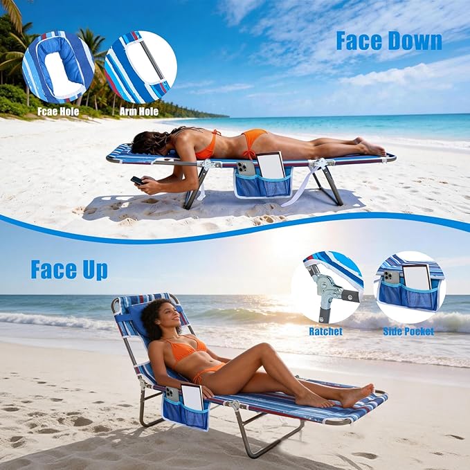 SUNNYFEEL Beach Lounge Chair, Backpack Reclining Beach Chairs Lay Flat, Sun Face Down Tanning Chair, Folding Camping Chairs Portable Camp Cot with Backpack Straps for Outdoor/Picnic/Lawn