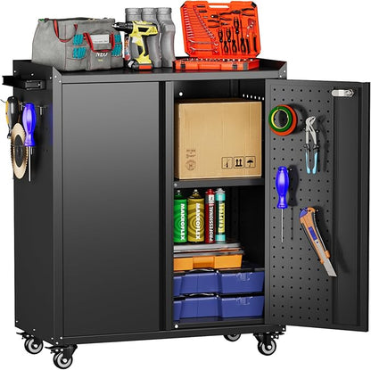 Aobabo 31.5" H Metal Storage Cabinet with Wheels and 2 Pegboards, Lockable Rolling Tool Storage Cabinet with 1 Adjustable Shelves for Garage,Assembly Required,Black
