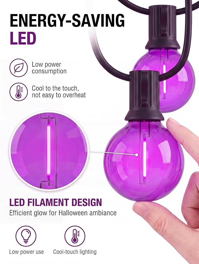 Abeja 50FT G40 Purple Halloween String Lights, Halloween Lights Outdoor with 27 Shatterproof Purple LED Bulbs(2 Spare) LED Globe Lights for Patio Balcony Backyard Pergola Decor
