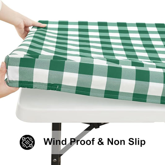 Smiry Rectangle Picnic Table Cloth, Elastic Waterproof Fitted Vinyl Tablecloths, Flannel Backed Buffalo Plaid Table Covers for Dining, Camping, Outdoor (Emerald Green and White, 30" x 60")