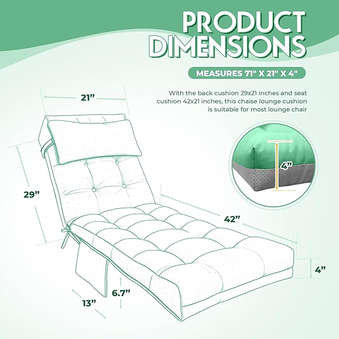 Outdoor Chaise Lounge Cushion, Waterproof Lounge Chair Cushion for Outdoor Furniture, 71 x 21 x 4 Inches Patio Cushion with Straps for Lawn Pool Furniture (Cyan, Lounge Chair Cushion)