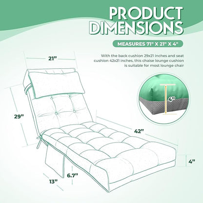 Outdoor Chaise Lounge Cushion, Waterproof Lounge Chair Cushion for Outdoor Furniture, 71 x 21 x 4 Inches Patio Cushion with Straps for Lawn Pool Furniture (Cyan, Lounge Chair Cushion)