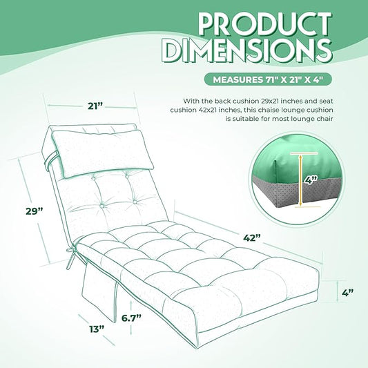 Outdoor Chaise Lounge Cushion, Waterproof Lounge Chair Cushion for Outdoor Furniture, 71 x 21 x 4 Inches Patio Cushion with Straps for Lawn Pool Furniture (Cyan, Lounge Chair Cushion)