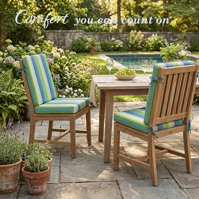 California Umbrella Outdoor Dining Chair, Set of 2 Patio Seat Cushions, 20 x 40 Inch, Premium Outdoor Memory Foam, Fade Resistant, Sunbrella Fabric, Fabric Ties, Seville Seaside