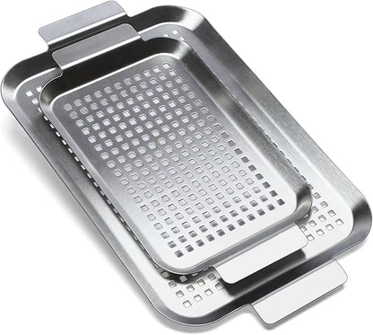 Grill Pan Set of 2, BBQ Grill Topper for Outdoor Grill, Stainless Steel Grilling Baskets with Holes and Handles, Perforated Food Tray Barbecue Accessories for Vegetable, Fish, Meat, Seafood