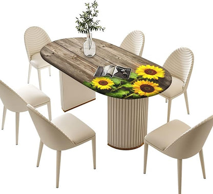 Autumn Sunflower Fitted Tablecloths Oval, Sunflower on The Wooden Floor Background Elastic Edged Table Cloths, Fits to 60"X84" Oblong Tables, Washable Table Cover for Thanksgiving Day Dinner Party