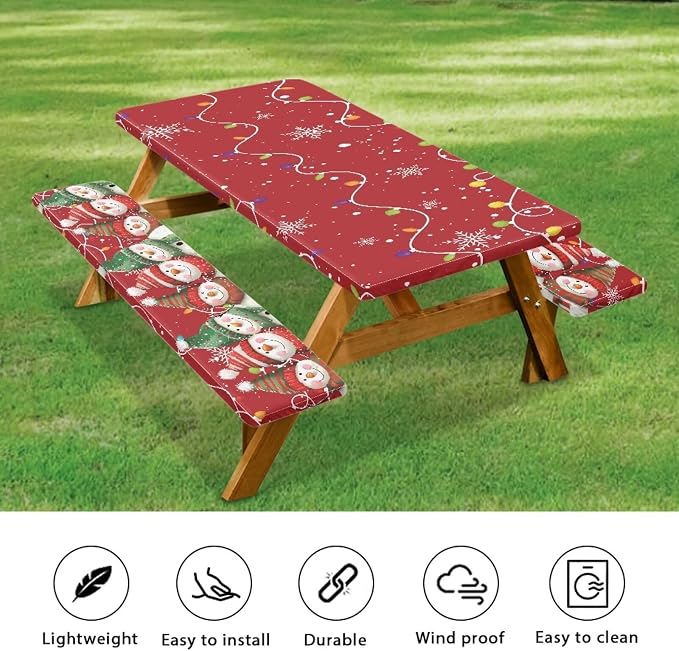 3 PCS Fitted Picnic Table Cover with Bench Cover Fitted Rectangle Tables and Seats Christmas Lights Snowmen Outdoor Picnic Table Cover for Camping