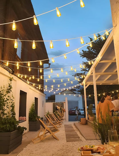 Larkvue 96FT(2x48FT) Solar Outdoor String Lights with Remote & Timer, Waterproof Dimmable Patio Lights with 30+2 ST38 LED Bulbs for Garden Deck-White