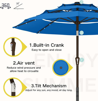 Kingdura 10ft 3-Tier Patio Umbrella with Solar Lights, Table Umbrella Outdoor Patio with Easy Crank & Tilt, 8 Sturdy Ribs, UV Protection, 32 LED Lights for Deck, Poolside, Market (Royal blue)