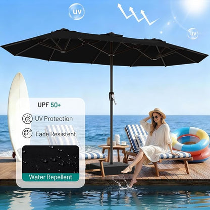 AreShark 15FT Outdoor Patio Umbrella with Crank, Large Rectangular Market Umbrella, Double-Sided Outdoor Umbrellas with Cross Base & Sandbag for Porch, Lawn, Pool, Backyard, Black