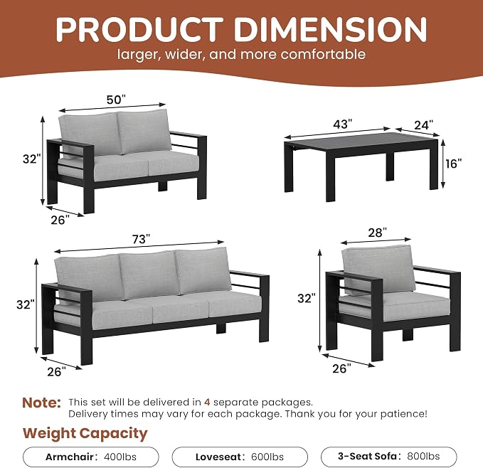 Solaste 7-Seaters Aluminum Outdoor Patio Furniture Set, Patio Sectional with 5" Thick Cushion, Outdoor Furniture with Coffee Table, Patio Sofa for Porch, Backyard, Deck, Yard, Light Grey