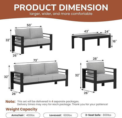 Solaste 7-Seaters Aluminum Outdoor Patio Furniture Set, Patio Sectional with 5" Thick Cushion, Outdoor Furniture with Coffee Table, Patio Sofa for Porch, Backyard, Deck, Yard, Light Grey