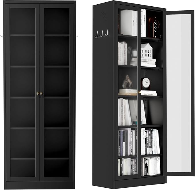 Kitchen Pantry Cabinet, 72" Tall Pantry Storage Cabinet with Adjustable Shelves and Glass Doors, Metal Storage Cabinets with Handle for Living Room, Kitchen, Assemble Required (Black)