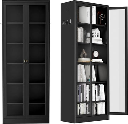 Kitchen Pantry Cabinet, 72" Tall Pantry Storage Cabinet with Adjustable Shelves and Glass Doors, Metal Storage Cabinets with Handle for Living Room, Kitchen, Assemble Required (Black)