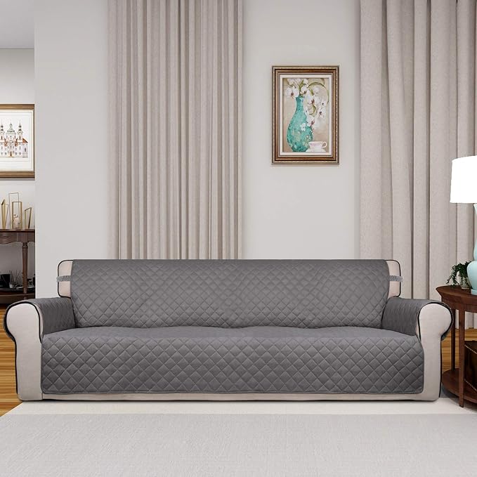 PureFit Reversible Quilted Couch Covers for Dogs Sofa Cover 4 Seater 88" | Gray/Light Gray, Water Resistant Couch Protector, Washable Pet Couch Cover with Non Slip and Elastic Straps For Kids