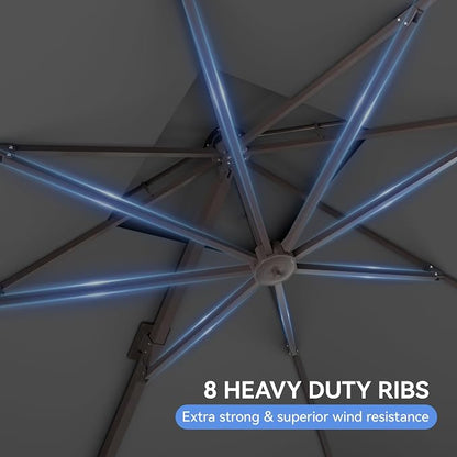 10x10FT Grey Cantilever Outdoor Patio Umbrella with Base, Large Square Offset Design, Double Top Heavy Duty Aluminum Frame & 360° Rotation for Pool Garden Deck Backyard
