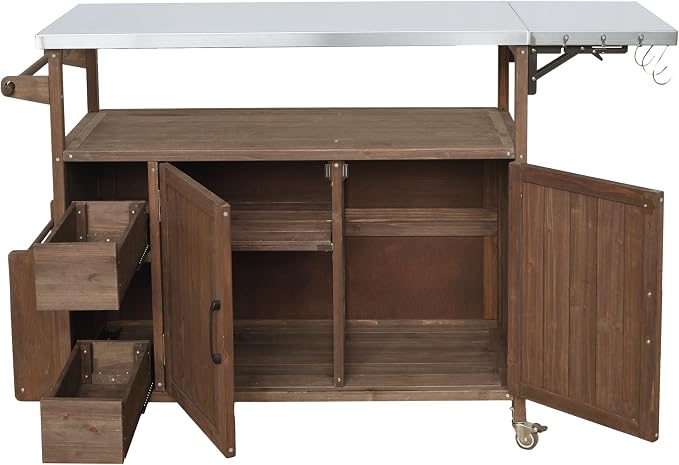 Christopher Knight Home Edsel Outdoor Bar Cart with Stainless Steel Top and Lockable Wheels, Solid Wood Outdoor Storage Cabinet, Kitchen Island Serving Cart for Poolside, Garden, Brown+Silver