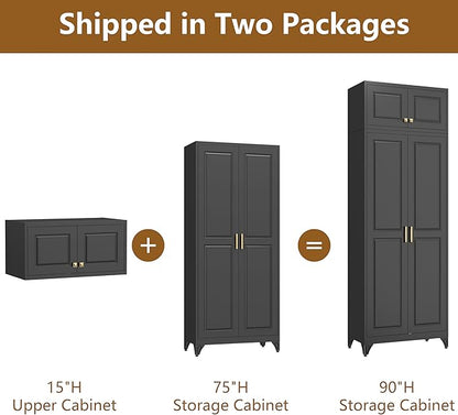 Polup Kitchen Pantry Cabinet, Metal Food Pantry cabinets with Doors and Shelves, 90" Tall Storage Cabinet for Dining, Living Room, Black, 16" D x 32" W x 90" H, Assembly Required